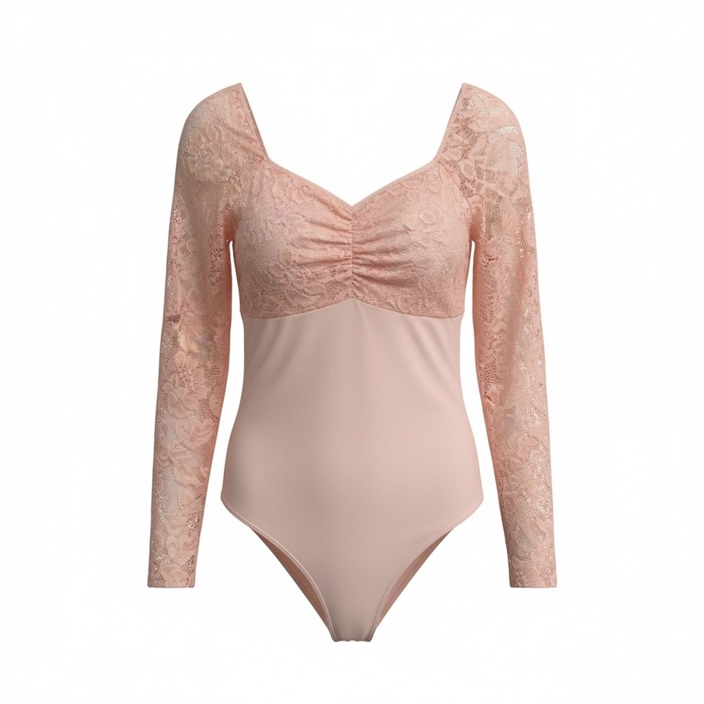 Haute Fox Womens 2X Peach Pink Lace Long Sleeve Sweetheart Bodysuit Coquette